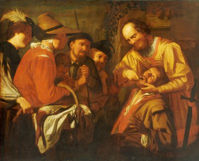 Ein Quacksalber zieht einen Zahn, während eine Gruppe von Zuschauern zusieht von Gerrit van Honthorst