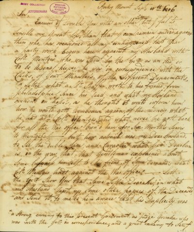 Brief unterzeichnet Gertrude Joan Senf, Rocky Mount, an Thomas Jefferson, 11. September 1806 von Gertrude Joan Senf