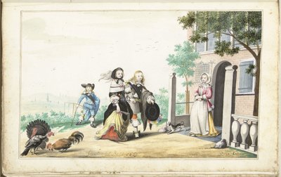 Paar begrüßt eine Dame an der Tür eines Landhauses von Gesina ter Borch (signed by artist)