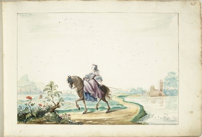 Frau zu Pferd in einer Landschaft von Gesina ter Borch (signed by artist)