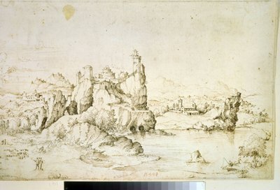 Eine Burg auf einem Felsen in einer Berglandschaft von Gherardo Cibo