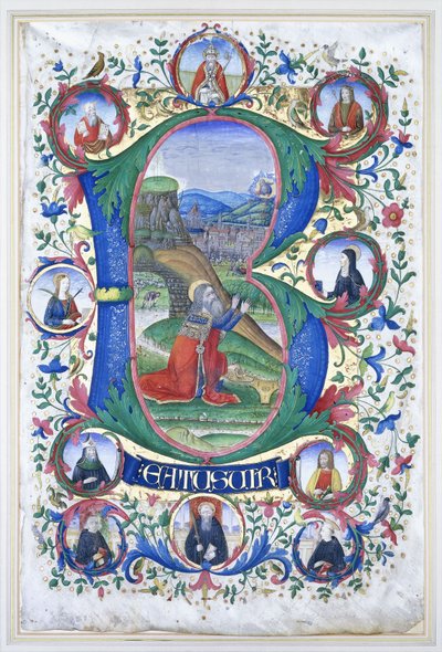 König David im Gebet innerhalb eines sehr großen Initials "B", die Umrandung mit zehn großen Rundbildern, die jeweils das Porträt eines Heiligen enthalten, ca. 1500 von Gherardo di Giovanni del Fora