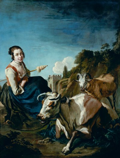 Ein Mädchen mit einer Kuh und Schafen in einer felsigen Landschaft von Giacomo Ceruti