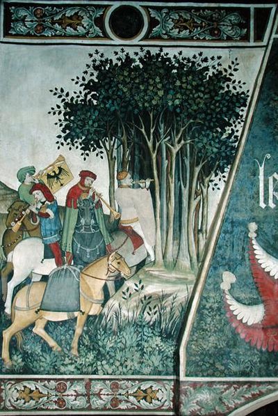 Der Brunnen des Lebens, Detail der Trompeter von Giacomo Jaquerio