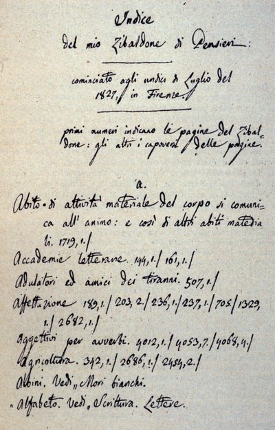 Incipit des Manuskripts des Zibaldone (oder „Pensieri“) von Giacomo Leopardi (1798-1837). 1817-1832 von Giacomo Leopardi