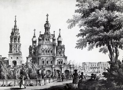 Kirche der Himmelfahrt und Gagarin-Palast in Moskau, Zeichnung von Giacomo Quarenghi Domenico (1744-1817), Druck, Russland von Giacomo Quarenghi