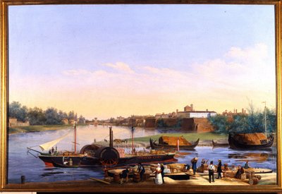 Ansicht des Hafens von Pavia am Po und des Dampfschiffs Principessa Clementina von Giacomo Trecourt