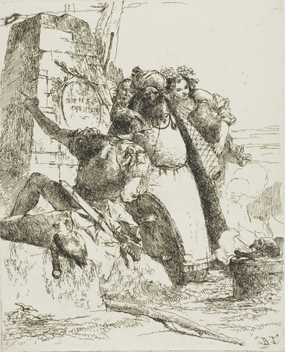 Ein Magier, ein Soldat und drei Figuren, die einen brennenden Schädel beobachten, aus Scherzi von Giambattista Tiepolo