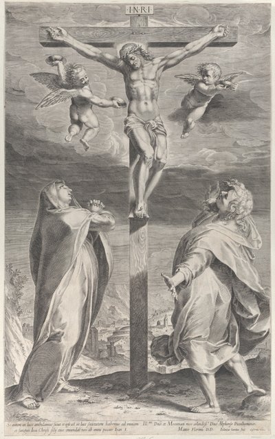 Kreuzigung mit der Jungfrau Maria und dem Heiligen Johannes dem Evangelisten, Engel darüber, ca. 1593 von Gijsbert Van Veen