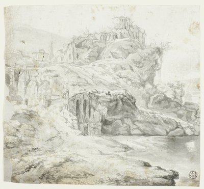 Felsvorsprung mit Ruinen und Kaskaden (recto); Skizze einer Klippe mit Gebäuden (verso) von Giles Edme Petit