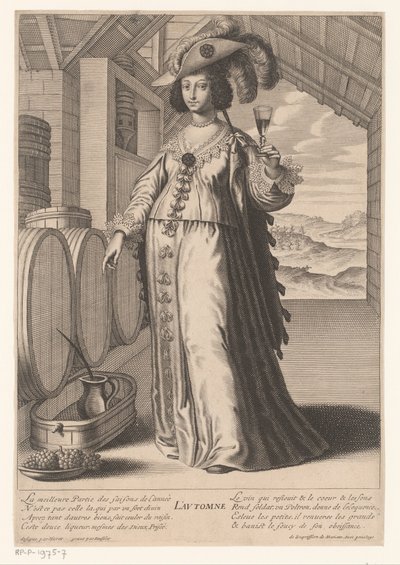 Dame mit Weinglas bei Weinfässern, mit Blick auf Weinplantage (Herbst) von Gilles Rousselet