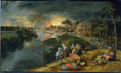 Kriegsszene und Brand von Gillis (workshop of) Mostaert
