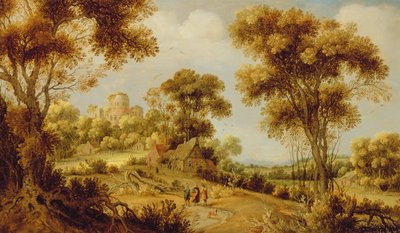 Weitläufige bewaldete Landschaft mit Christus auf dem Weg nach Emmaus von Gillis Claesz d