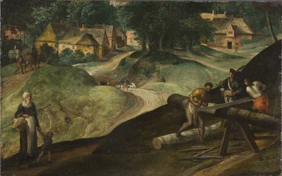 Landschaft mit Männern, die Holz sägen von Gillis Mostaert