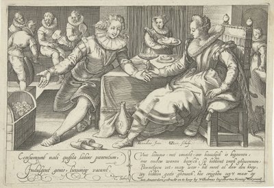 Verschwendung in der Ehe (Elegantes Paar an einem Tisch in einem Raum) von Gillis van Breen