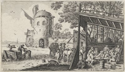 Boeren rond een tafel in een schuur (de Smaak) von Gillis van Scheyndel (I)