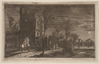 Figuren bei einem verfallenen Turm: Mondschein-Nocturne, aus Sechs Landschaften von Gillis van Scheyndel