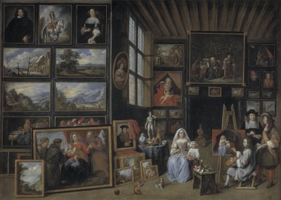 Eine Gemäldegalerie mit einem Künstler, der eine Frau und ein Mädchen malt. Allegorie der Malerei von Gillis van Tilborgh