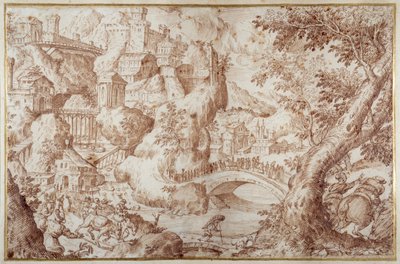 Fantastische Berglandschaft mit Brücken, die Schluchten überspannen, eine Stadt und Reisende von Gillis van Valckenborch