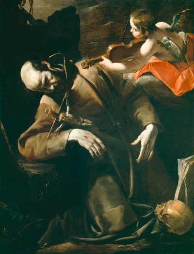 Der heilige Franziskus von Assisi in Ekstase vor einem Cherub mit einer Violine von Gioacchino Assereto