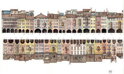 Architektur: Flache Ansicht der Via dei Portici, überdachte Galerie mit Portikus, zusammen mit bunten Häusern, aus der Stadt Bozen, Italien. Illustration von Giorgio Albertini. von Giorgio Albertini