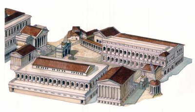 Römische Antike: Rekonstruktion des römischen Forums (foro romano) zur Zeit des Kaisers Augustus (Caius Julius Caesar Octavianus Augustus) (63 v. Chr.-14 n. Chr.) von Giorgio Albertini