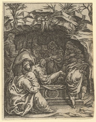 Die Jungfrau der Schmerzen: Die Grablegung, eines von neun umliegenden Fächern, vor 1575 von Giorgio Ghisi