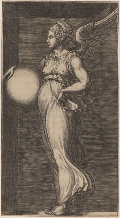 Allegorische Figur, die eine Kugel hält von Giorgio Ghisi possibly after Giulio Romano