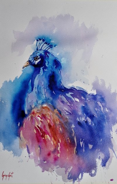 Lebendiger Aquarell-Pfau von Giorgio Gosti