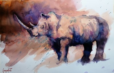 Lebhaftes Aquarell Nashorn von Giorgio Gosti