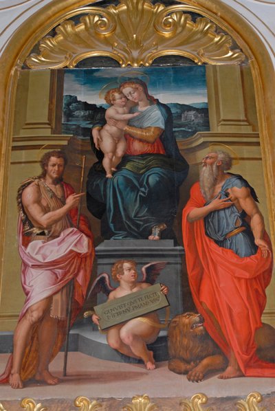 Madonna und Kind zwischen Johannes dem Täufer und Hieronymus, Gemälde von Giorgio Vasari, Kirche im Kloster Camaldoli, Camaldoli, Toskana, Italien von Giorgio Vasari