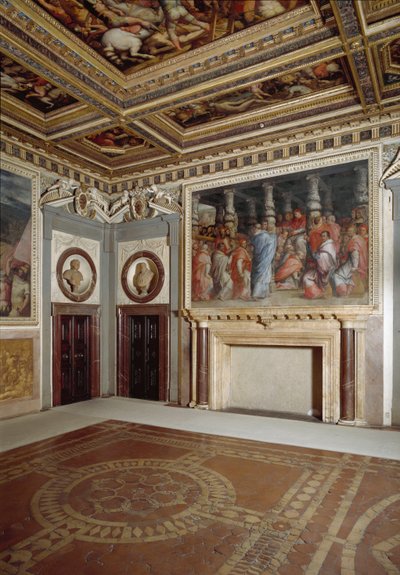 Ansicht des Raumes von Papst Leo X. mit einem Gemälde, das ihn während der Kardinalswahl darstellt (Fresko) von Giorgio Vasari