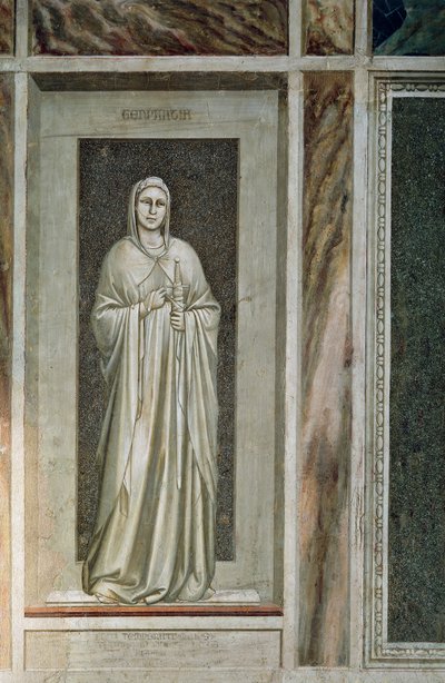 Mäßigung, sanfte Figur mit an die Scheide gebundenem Schwert und Zügel im Mund, symbolisiert die Kontrolle der Worte, von Giotto, Detail aus dem Freskenzyklus Die Laster und Tugenden von Giotto (c.1266 1337)