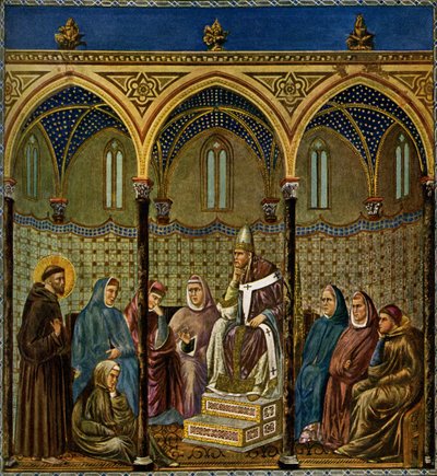 Der heilige Franz von Assisi predigt Papst Honorius III. von Giotto di Bondone