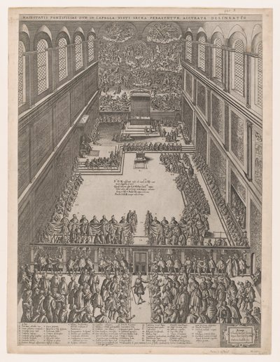 Speculum Romanae Magnificentiae: Eine päpstliche Versammlung in der Sixtinischen Kapelle, Michelangelos Decke von Giovanni Ambrogio Brambilla