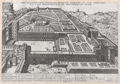 Speculum Romanae Magnificentiae: Luftansicht des Belvedere und seiner Gärten, 1579 von Giovanni Ambrogio Brambilla.