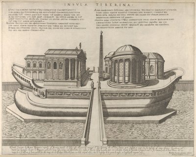 Ansicht der Tiberinsel als Schiff dargestellt, der Tempel des Äskulap links von Giovanni Ambrogio Brambilla