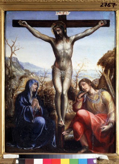 Die Kreuzigung mit der Jungfrau und Johannes dem Täufer. Inschrift "I.N.R.I." auf dem Kreuz. Gemälde von Sodoma (oder Giovanni Antonio Bazzi) von Giovanni Antonio Bazzi Sodoma
