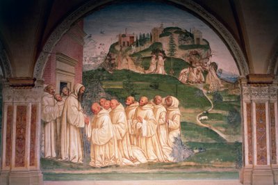 Der heilige Benedikt von Mönchen angefleht, Wasser vom Berggipfel hervorbringend, Szene aus Geschichten des heiligen Benedikt von Monte Oliveto Maggiore von Giovanni Antonio Bazzi Sodoma