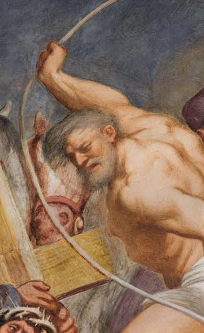 Zentrales Kirchenschiff, zweiter südlicher Spann, Jesus fällt unter dem Kreuz, Il Pordenone von Giovanni Antonio Pordenone