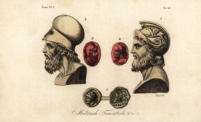 Büsten und Edelsteine der athenischen Politiker Miltiades der Jüngere 1,2, Themistokles 3,4, und König Pyrrhus I 5 von Giovanni Antonio Sasso