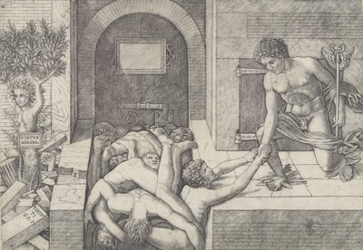 Unwissenheit und Merkur, eine Allegorie von Tugend und Laster, Merkur kniet rechts, ca. 1490-1525 von Giovanni Antonio da Brescia