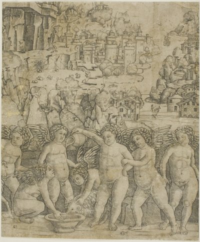 Sieben Cupidos mit zwei Widdern in einer Landschaft von Giovanni Antonio da Brescia