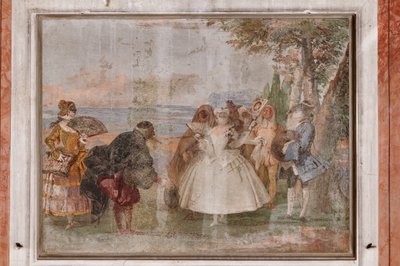 Gästeunterkünfte, der Raum der Karnevalsszenen: "Pantalone und Columbina", eine Szene mit Masken von Giovanni Battista Tiepolo