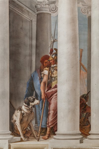 Palazzina (Kleines Gebäude), die Eingangshalle: "Die griechische Flotte in Aulis", Detail eines Hundes und eines Soldaten von Giovanni Battista Tiepolo