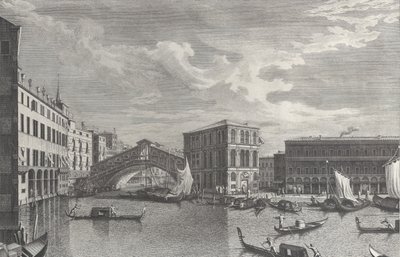 Die Rialtobrücke, Venedig, mit Booten und Gondeln im Wasser von Giovanni Battista Brostoloni