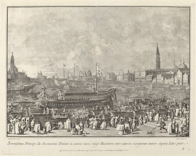 Der Doge im Bucintoro verlässt den Porto di Lido am Himmelfahrtstag von Giovanni Battista Brustolon after Canaletto
