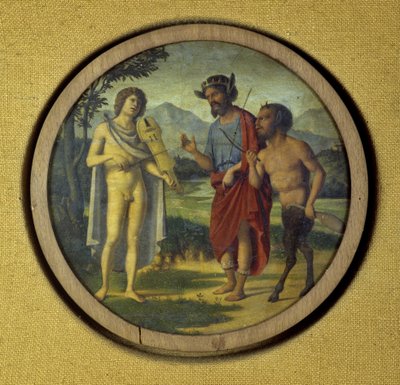 Tasteninstrumentabdeckung mit Illustration von Apollo (mit Lyra) und Marsyas von Giovanni Battista Cima da Conegliano