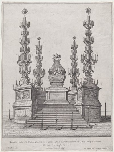Katafalk für Papst Clemens X., zentrale Struktur auf einer fünfzehnstufigen Plattform, 1676 von Giovanni Battista Falda