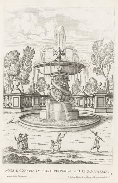 Brunnen mit Delfinen in den Gärten der Villa Doria Pamphilj in Rom von Giovanni Battista Falda
